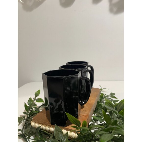 3 Mid Century Style Black Glass Octagon Coffee Mugs Cups ARCOROC France OCTIME - Picture 3 of 14